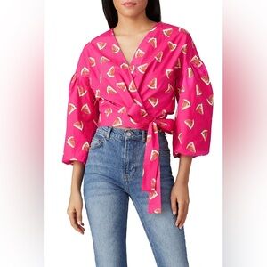 Color me Courtney Emily melon-printed puff sleeve Wrap Top in pink size S